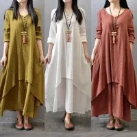 New False Two-piece Long Sleeve Loose Plus Size Dress – Cotton Linen, Breathable