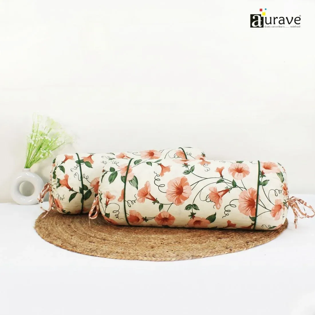 Printed Floral Cotton 2 Pcs Bolster Cover set - Peach