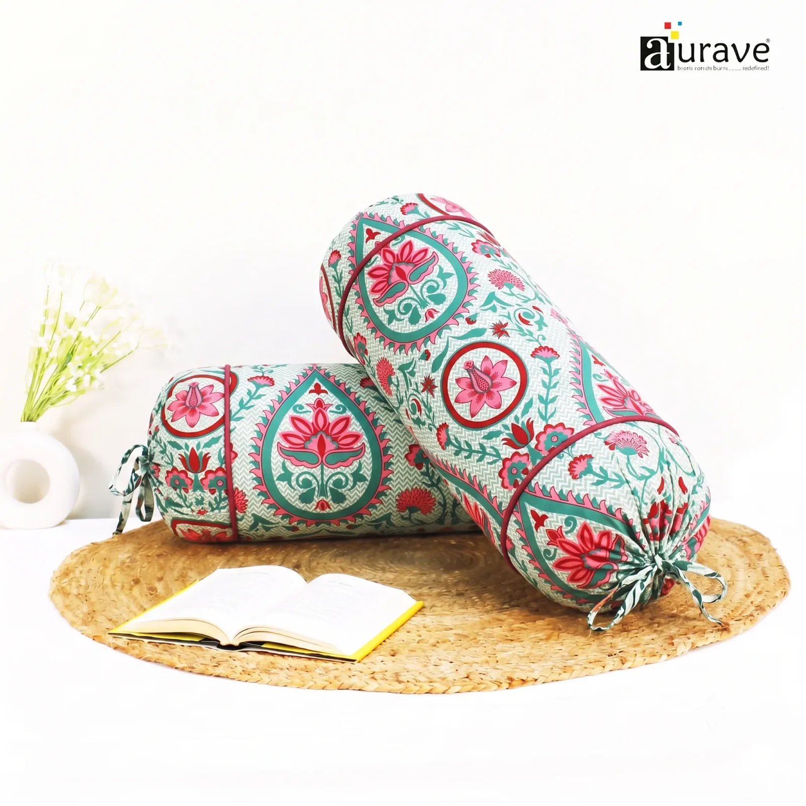 Printed Floral Cotton 2 Pcs Bolster Cover set - Aqua