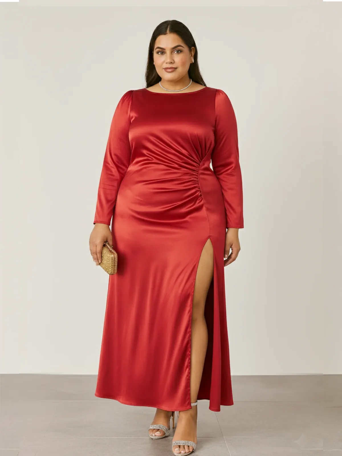 Ilana Gathered Full Sleeves Maxi Dress- Red