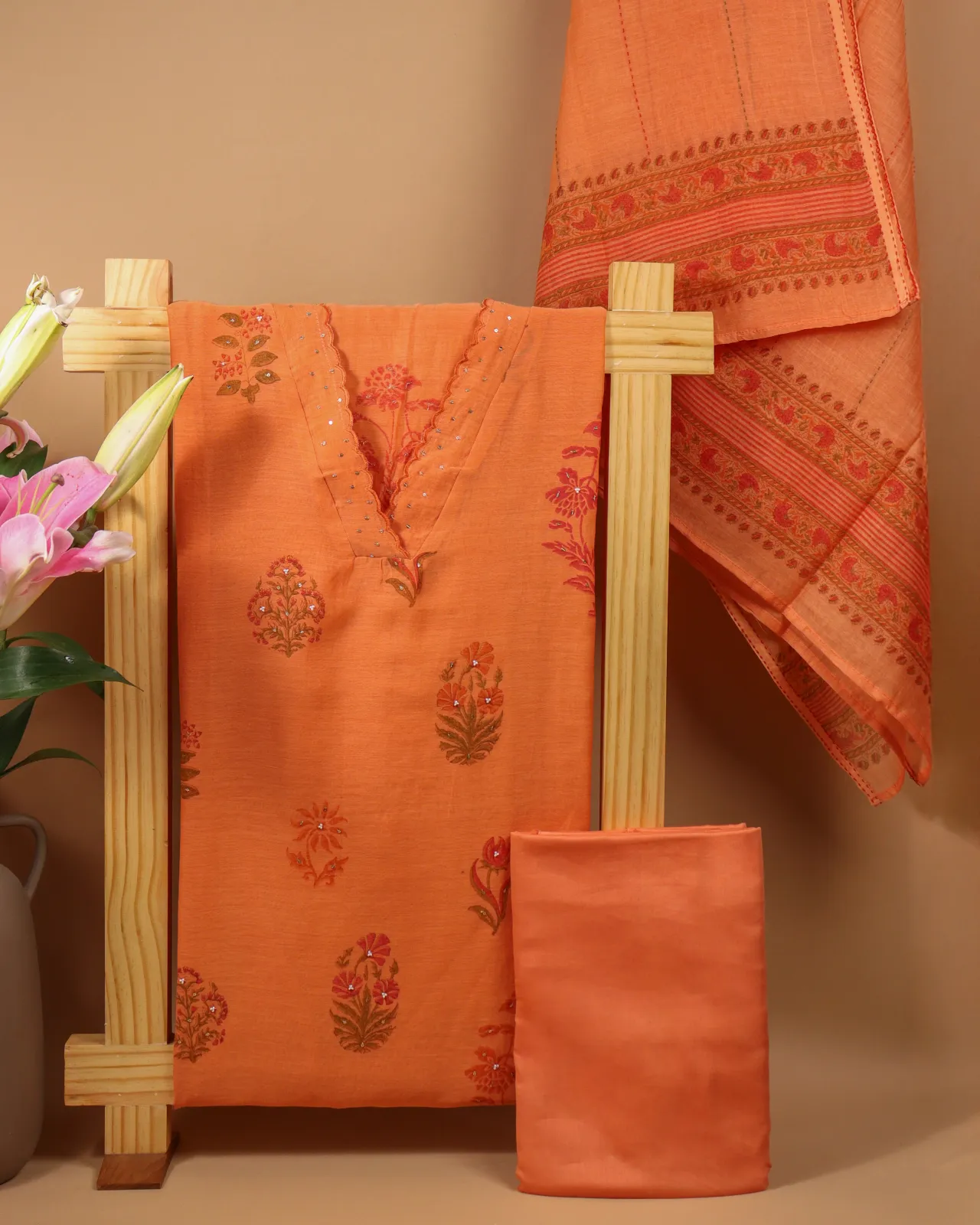 Pure Chanderi Orange Printed Suit Piece