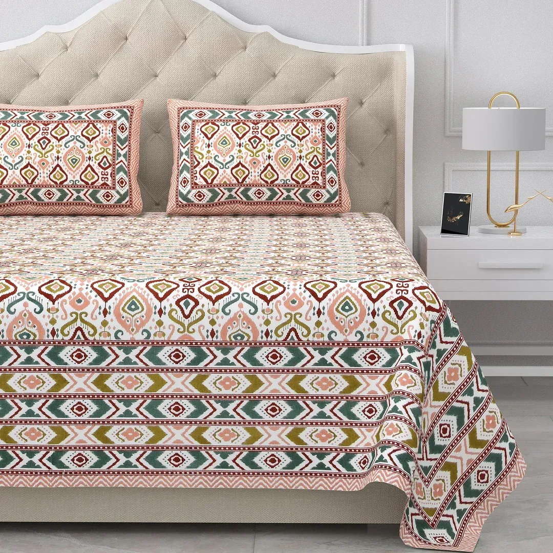 Double King Size Bedsheet with 2 Pillow Covers Cotton Multi Colour - Ethnic Collection