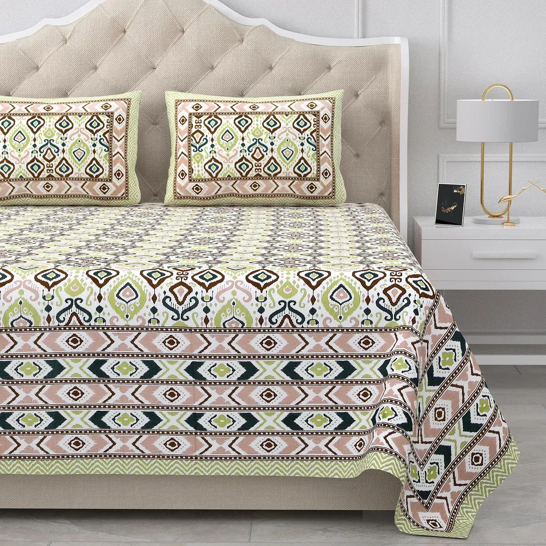 Double King Size Bedsheet with 2 Pillow Covers Cotton Yellow Multi Colour - Ethnic Collection