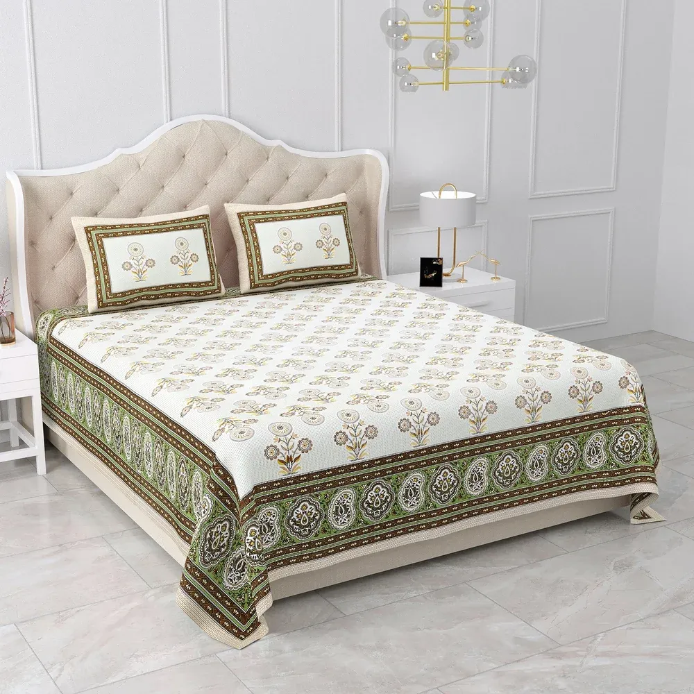 Double King Size Bedsheet with 2 Pillow Covers Cotton Brown Multi Colour - Ethnic Collection view 2