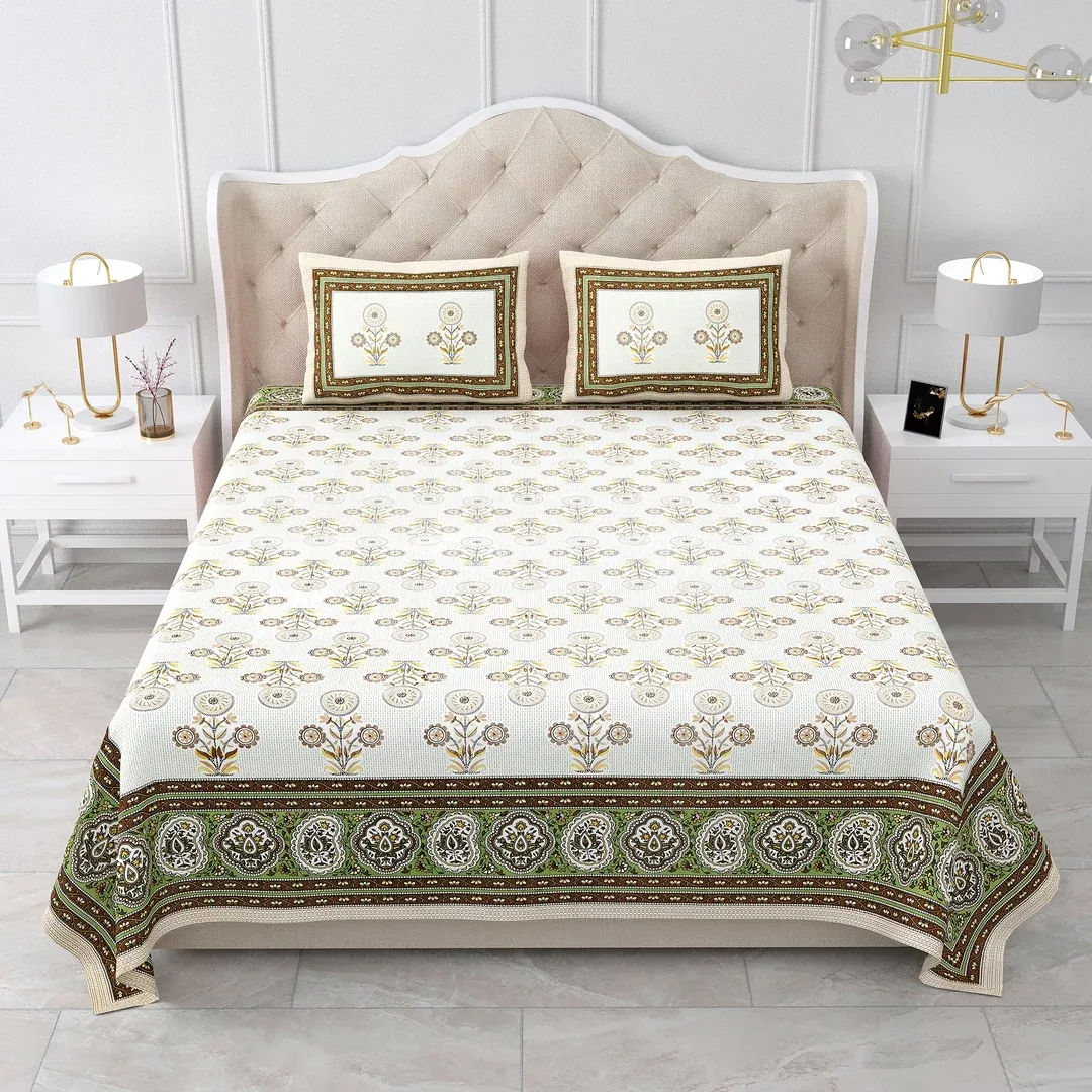 Double King Size Bedsheet with 2 Pillow Covers Cotton Brown Multi Colour - Ethnic Collection view 3