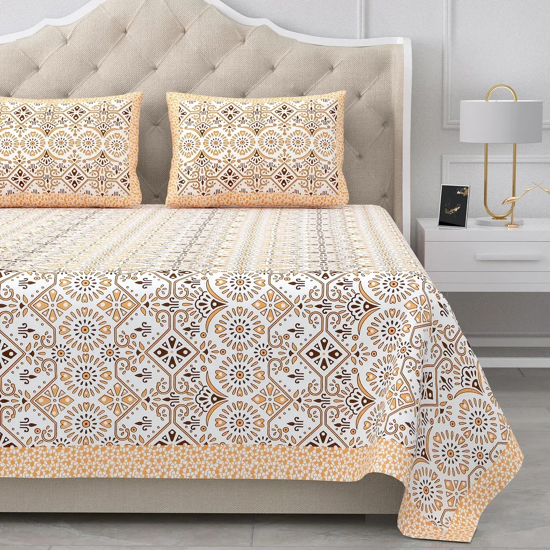 Double King Size Bedsheet with 2 Pillow Covers Cotton Beige Brown Colour - Ethnic Collection