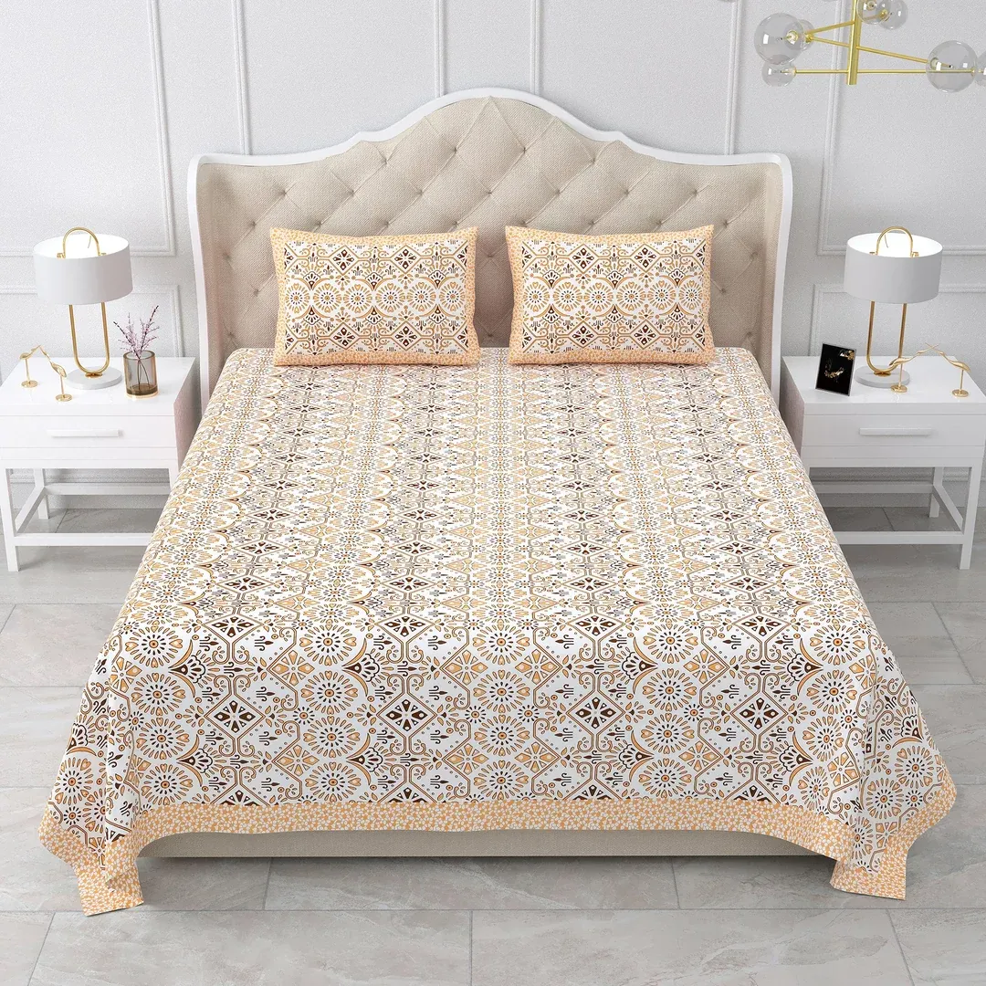Double King Size Bedsheet with 2 Pillow Covers Cotton Beige Brown Colour - Ethnic Collection view 3