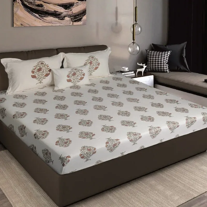 King Size Cotton Bedsheet Floral Handblock Ivory