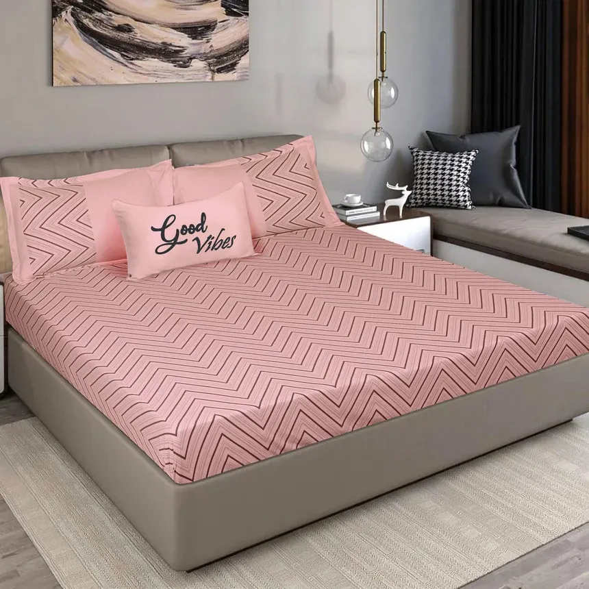 King Size Cotton Bedsheet Chevron Salmon Pink view 7
