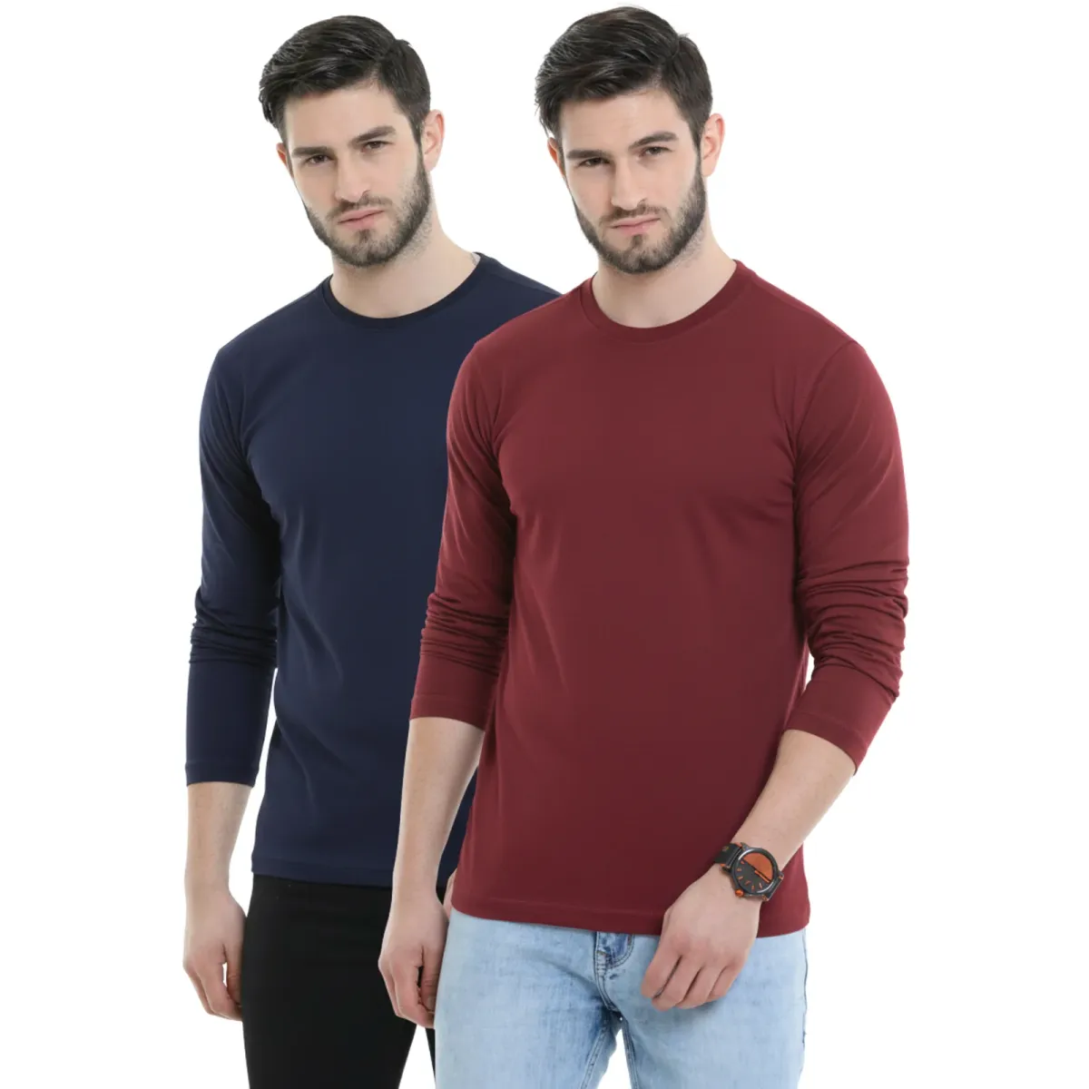 Men’s Cotton Rich Long Sleeve Round Neck T-Shirt 2 Pcs Pack– Soft, Breathable & Comfortable Everyday Wear (Red,Navy)