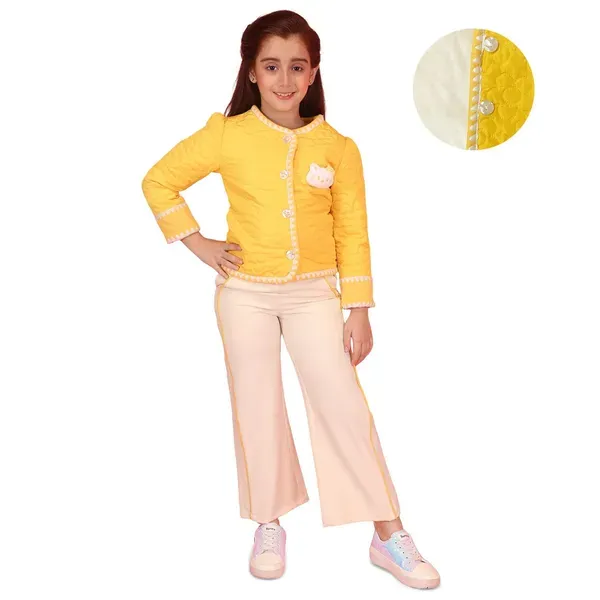Cutecumber Yellow Winter Clothing Set For Girls Quilted Round Neck Full Sleeve Jacket Wide Leg Trouser Polyester Bomber Fabric Fancy Button Closure Party Outfit For Baby Girls & Kids Age 1-15 Yrs