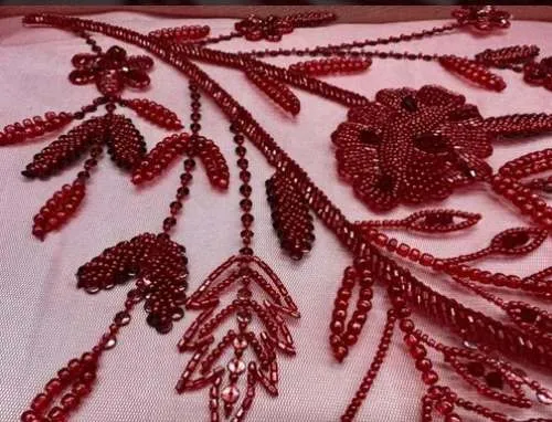 Red Hand Beaded Embroidered Fabric view 2