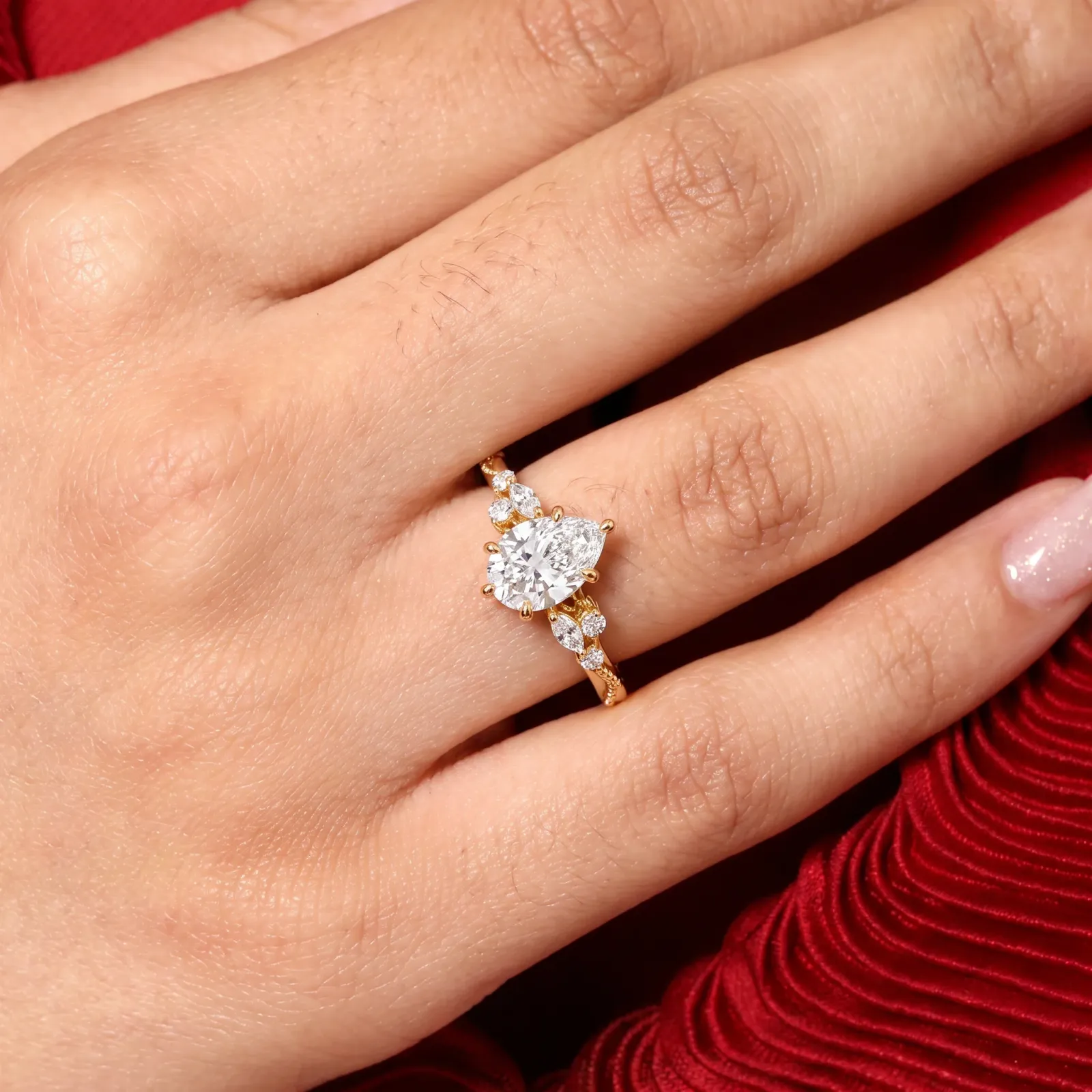 Botanical Leaf Vine Pear Solitaire Ring view 2