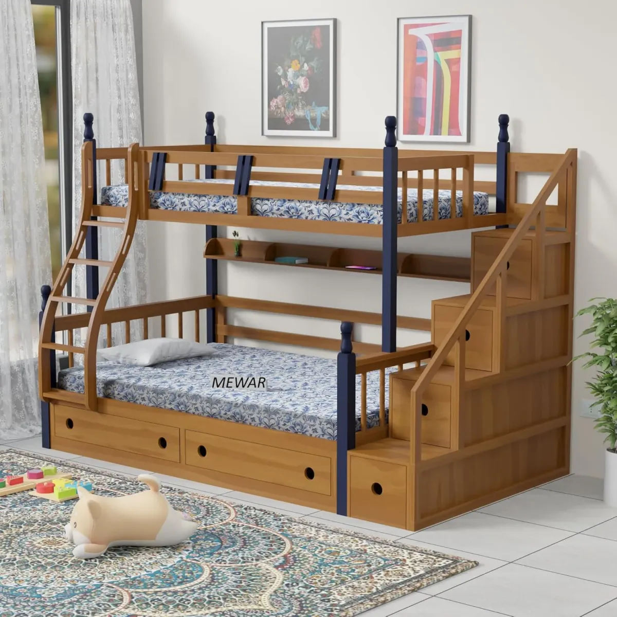 Solid Sheesham Wood Bunk Bed with Storage view 8