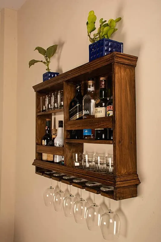 Solid Wood Wall Mounted Bar Rack with Glass Holder view 2