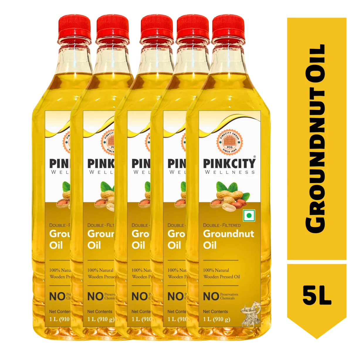 Pinkcity Wellness Wooden Cold Pressed Groundnut Oil | 5 Litre | 1 Litre x 5 | Peanut Oil