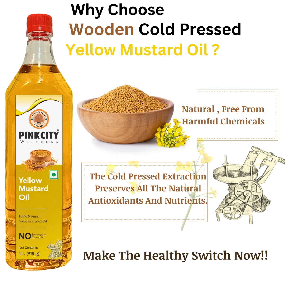 Pinkcity Wellness Wooden Cold Pressed Yellow Mustard Oil 5 Litre | 1 Litre x 5 view 2