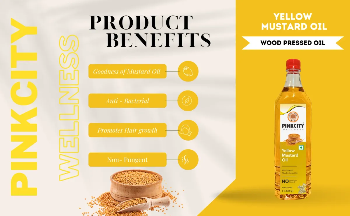 Pinkcity Wellness Wooden Cold Pressed Yellow Mustard Oil 5 Litre | 1 Litre x 5 view 3
