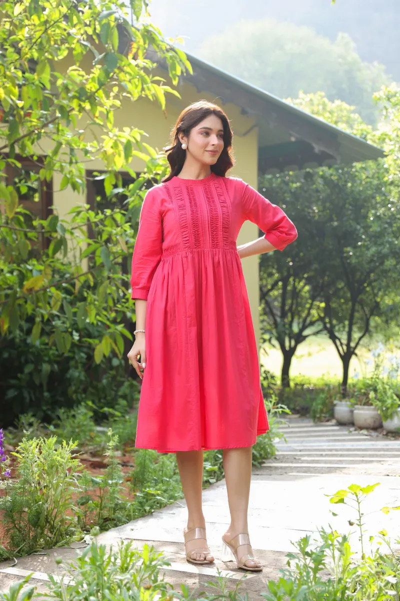 Red Cotton Solid Detailed Dress view 3