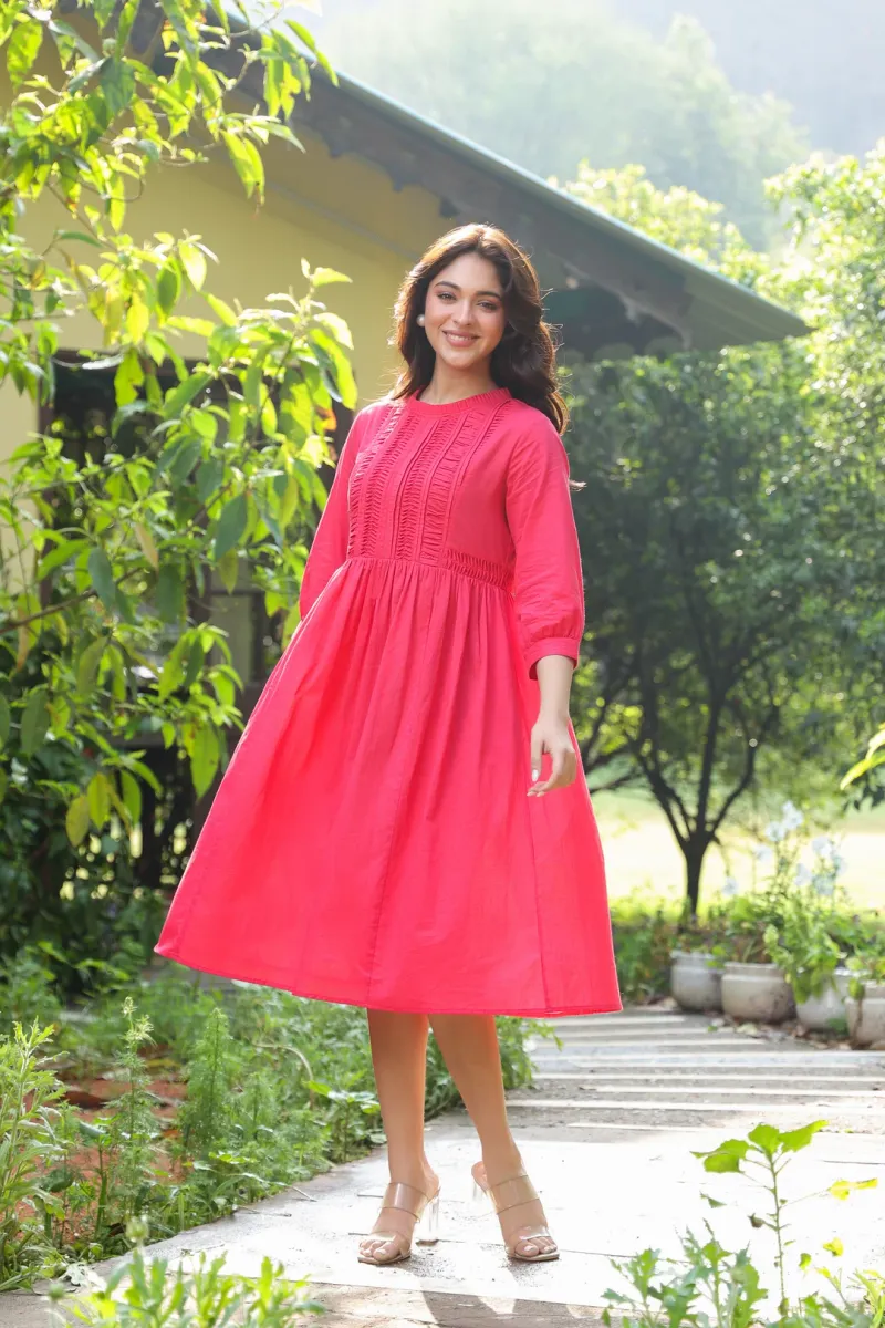 Red Cotton Solid Detailed Dress view 4