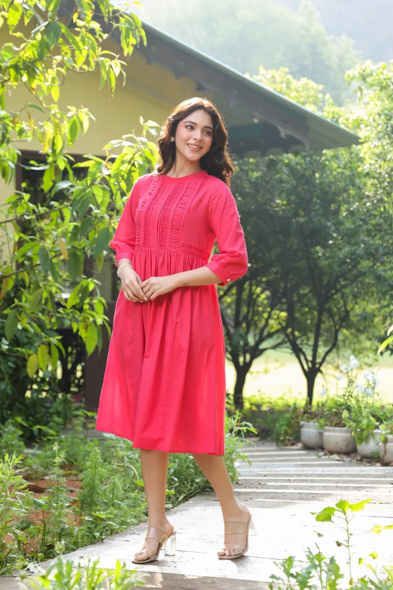Red Cotton Solid Detailed Dress view 5