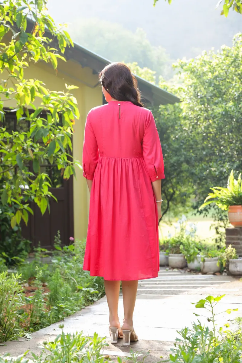 Red Cotton Solid Detailed Dress view 6