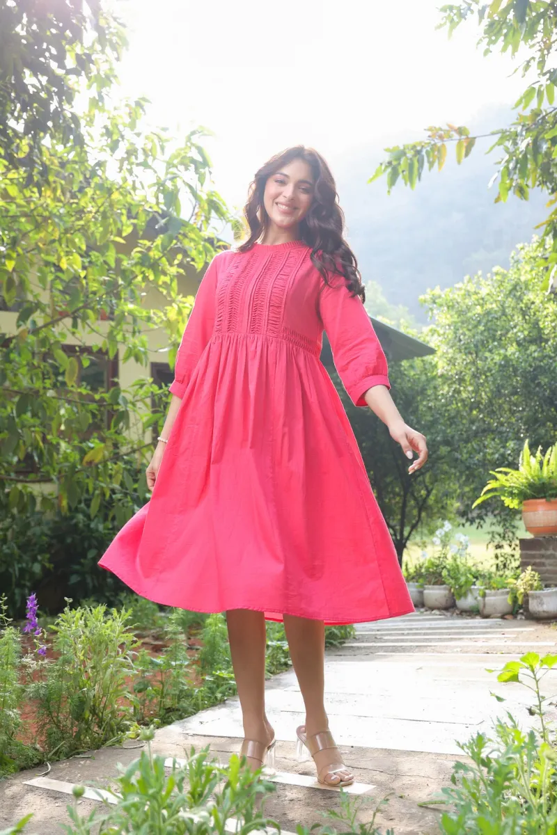 Red Cotton Solid Detailed Dress view 7