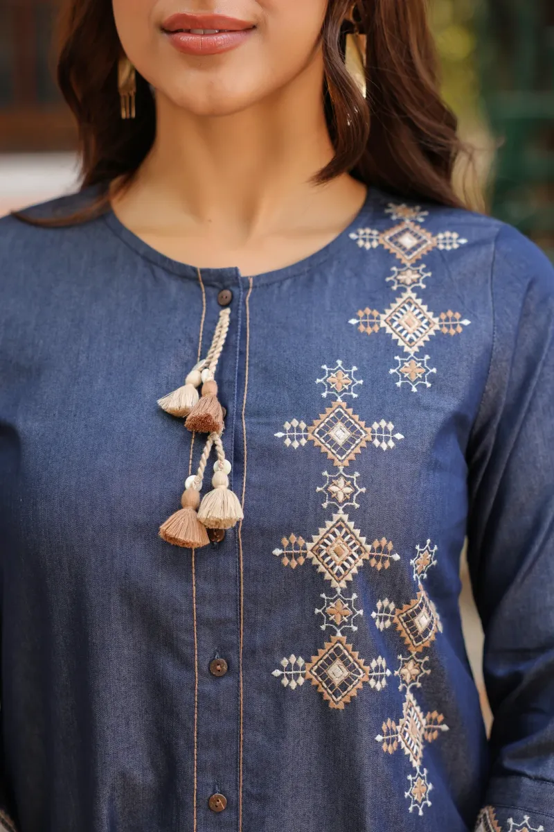 Blue Denim Embroidered Designer A-Line Kurta