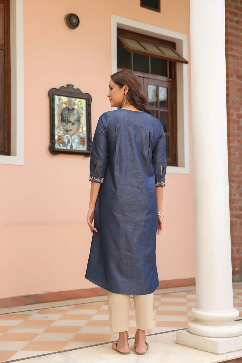 Blue Denim Embroidered Designer A-Line Kurta view 3