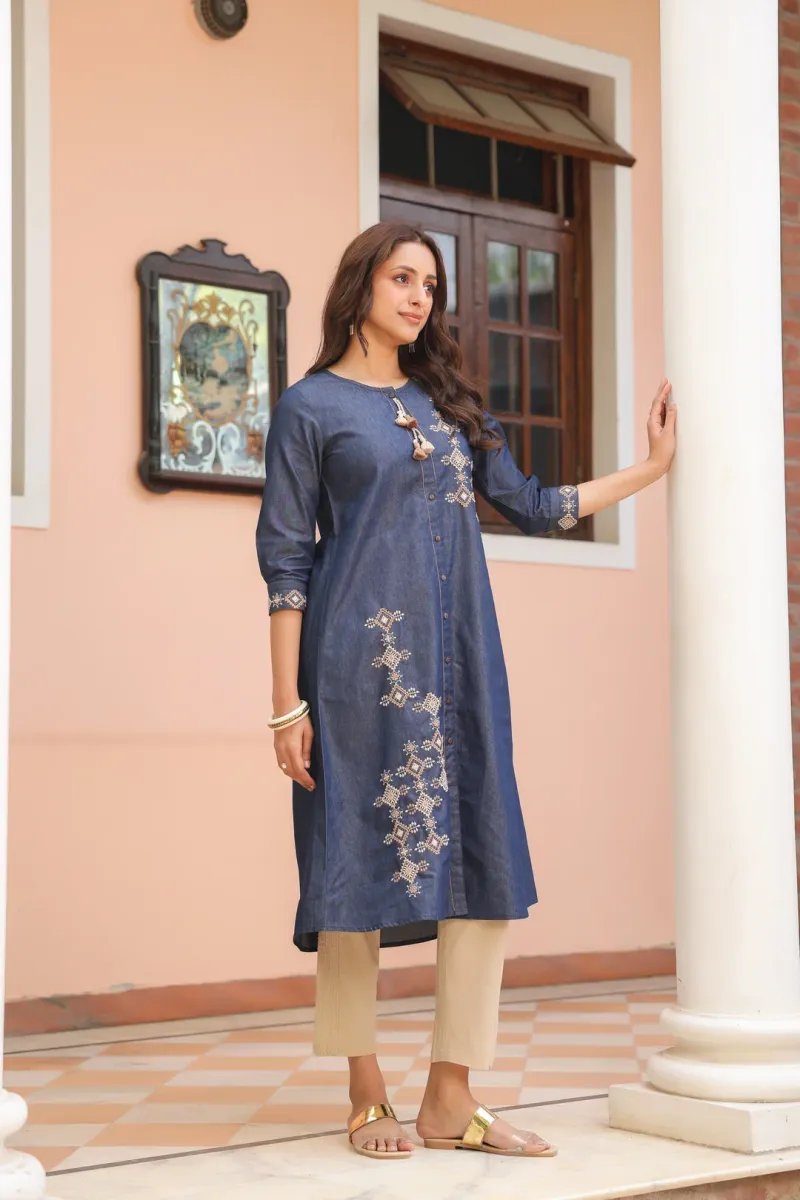 Blue Denim Embroidered Designer A-Line Kurta view 4