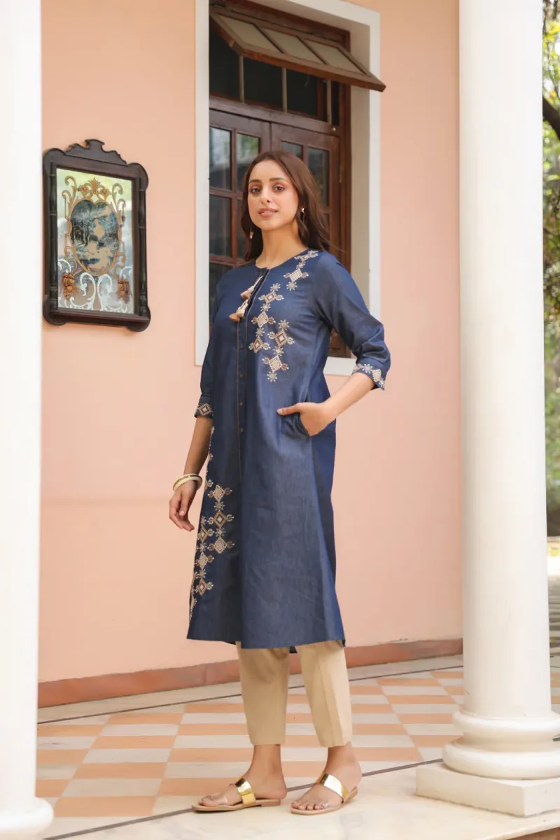 Blue Denim Embroidered Designer A-Line Kurta view 5