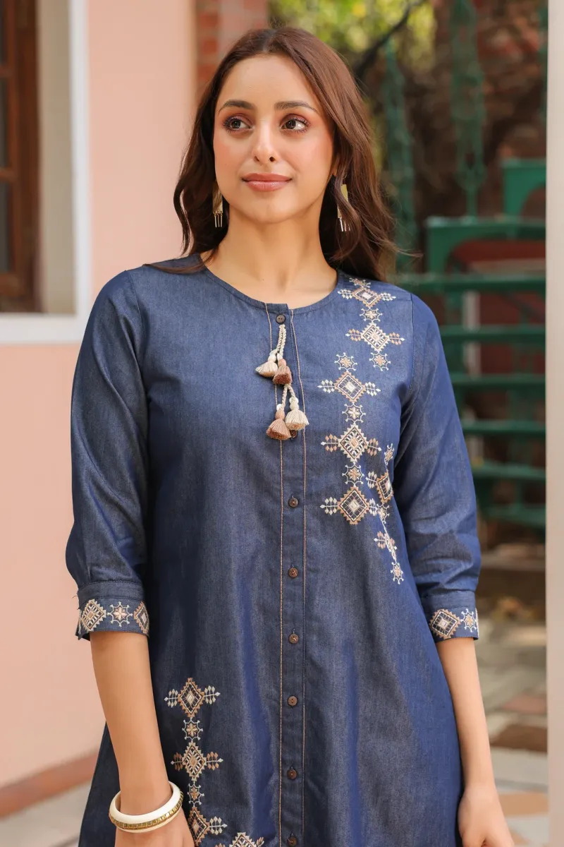 Blue Denim Embroidered Designer A-Line Kurta view 6