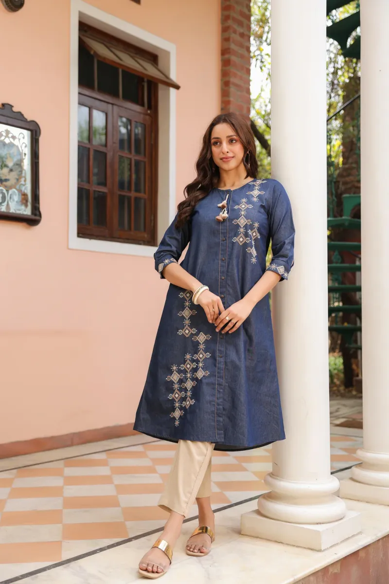 Blue Denim Embroidered Designer A-Line Kurta view 7