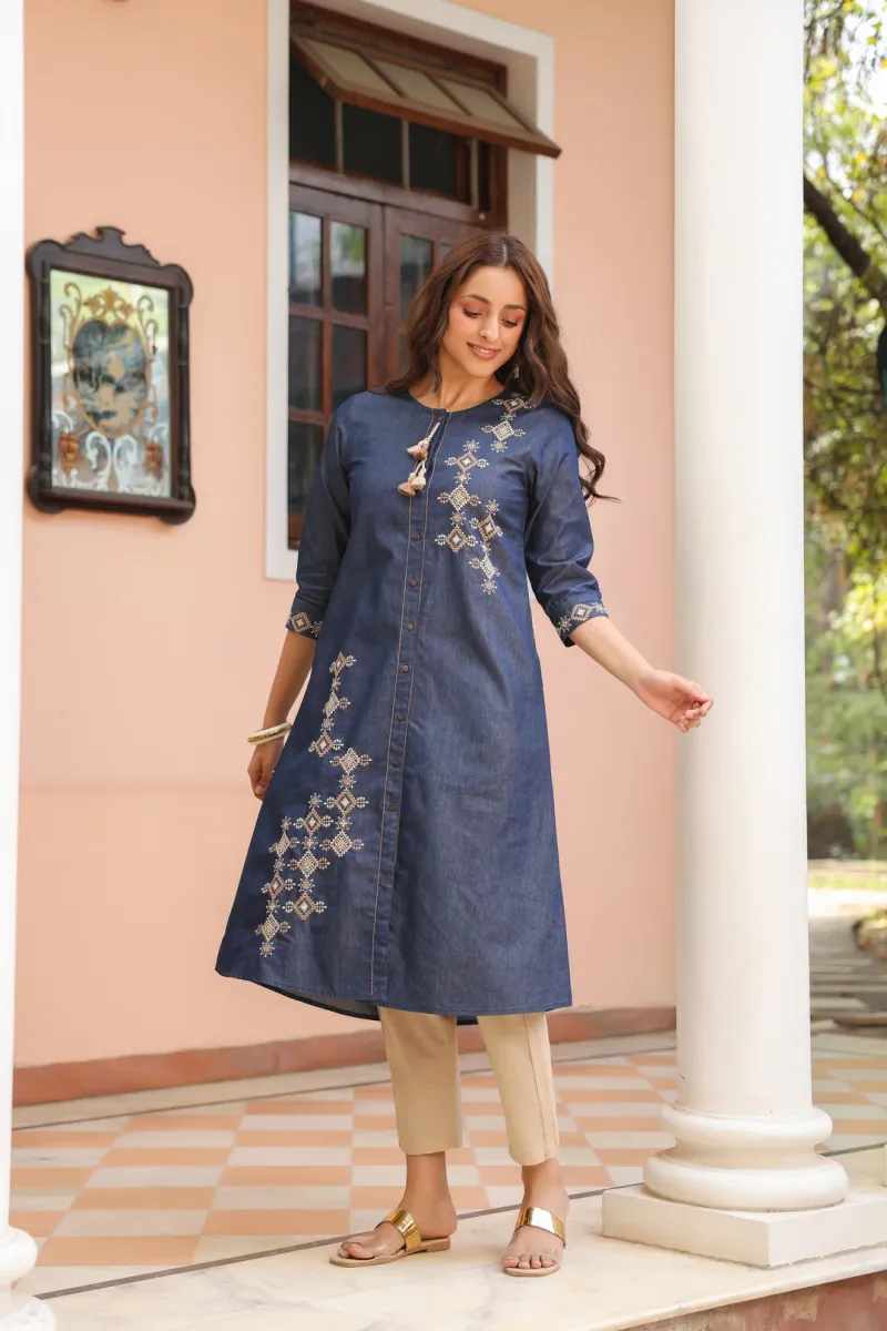 Blue Denim Embroidered Designer A-Line Kurta view 8