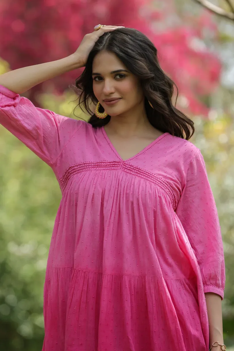 Pink Cotton Dobby Ombre Tiered Designer Dress view 3