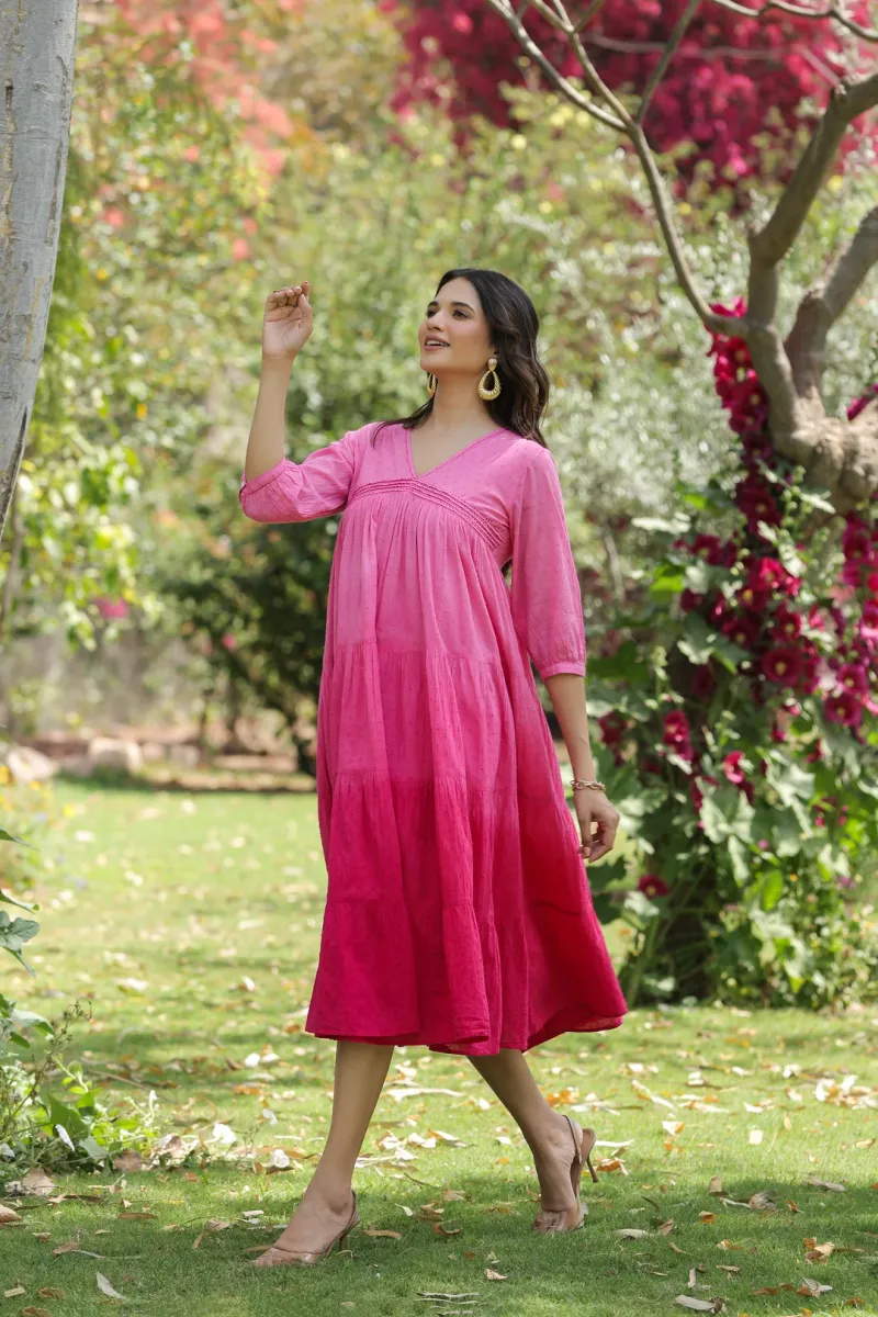 Pink Cotton Dobby Ombre Tiered Designer Dress view 4