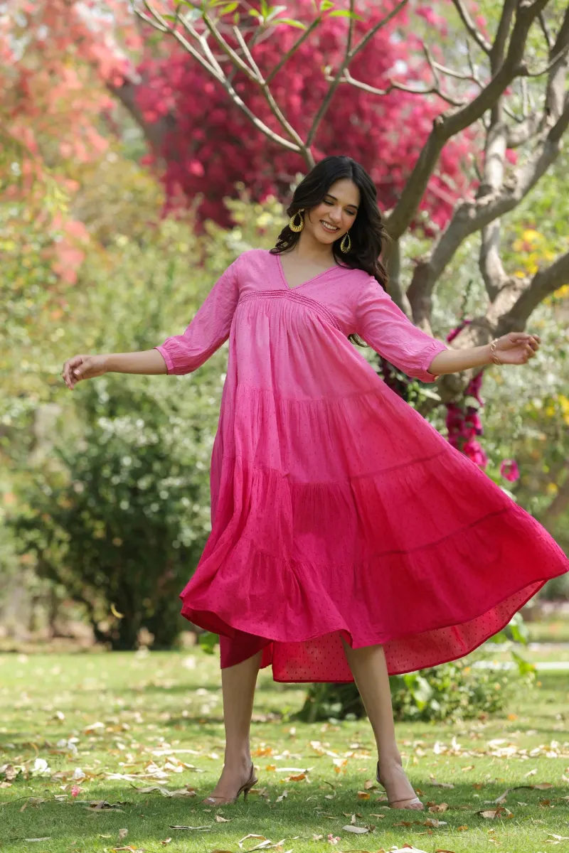 Pink Cotton Dobby Ombre Tiered Designer Dress view 5