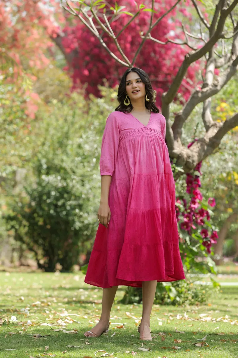 Pink Cotton Dobby Ombre Tiered Designer Dress view 6