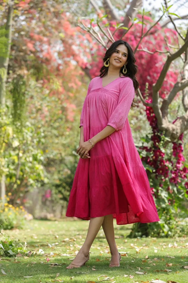 Pink Cotton Dobby Ombre Tiered Designer Dress view 7