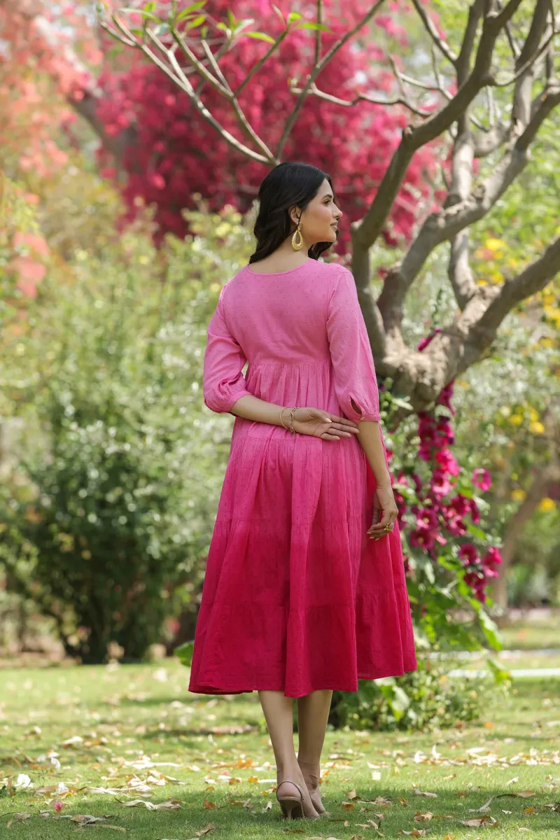 Pink Cotton Dobby Ombre Tiered Designer Dress view 8