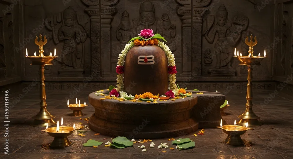 Ancient Shiva Lingam in temple with Floral Offerings, made by Ai