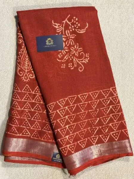 LINEN COTTON SAREE BRICK RED WITH ALLOVER BLOCK PRINTS AND SILVER ZARI WOVEN BORDER LN18