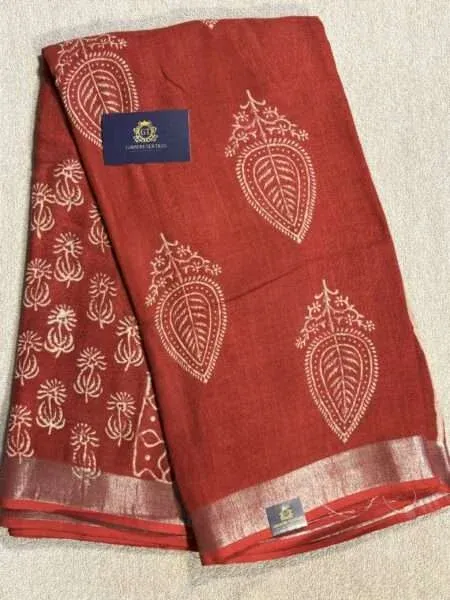 LINEN COTTON SAREE BRICK RED BLOCK PRINTS AND SILVER ZARI WOVEN BORDER LN33