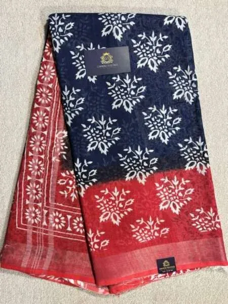 LINEN COTTON SAREE BLUE AND RED BLOCK PRINT DESIGN AND SILVER ZARI WOVEN BORDER LN11