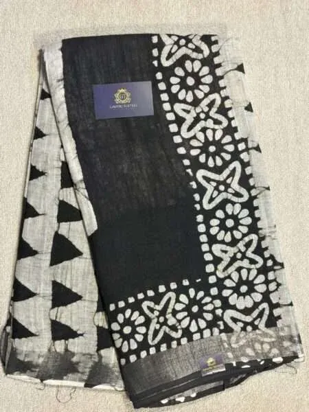 LINEN COTTON SAREE BLACK WITH ALLOVER BATIK PRINTS AND SILVER ZARI WOVEN BORDER LN10