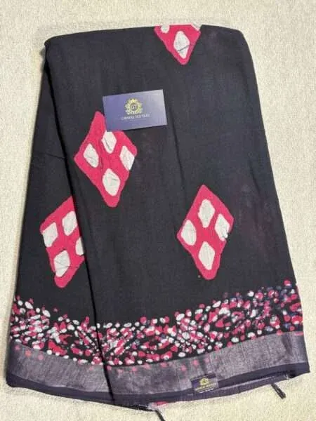 LINEN COTTON SAREE BLACK WITH ALLOVER BATIK PRINTS AND SILVER ZARI WOVEN BORDER LN09