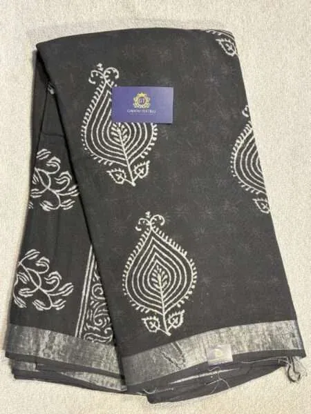 LINEN COTTON SAREE BLACK WITH ALLOVER BLOCK PRINTS AND SILVER ZARI WOVEN BORDER LN08