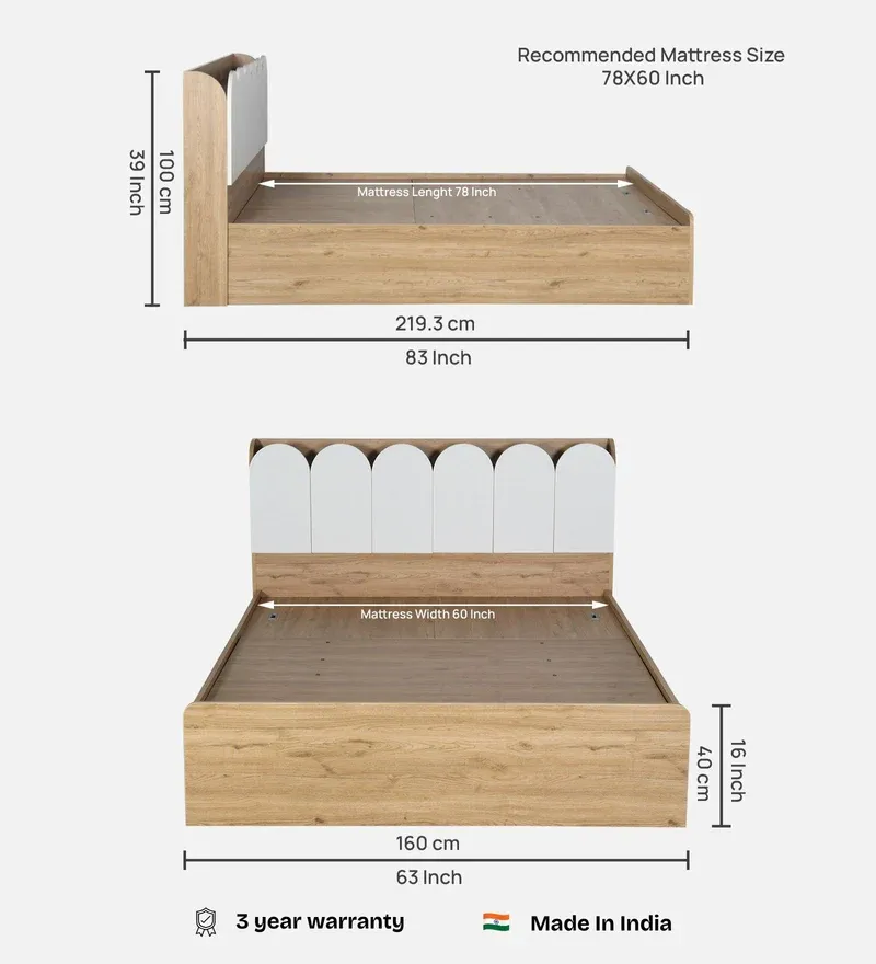 Opera Luxury Queen Size Bed With Headboard & Hydraulic Storage Bed In Light Walnut & Frosty White Colour