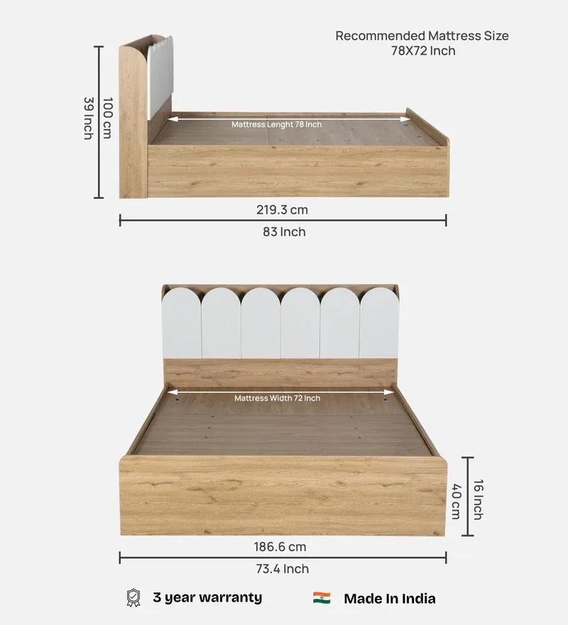 Opera Luxury King Size Bed With Headboard & Hydraulic Storage Bed In Light Walnut & Frosty White Colour