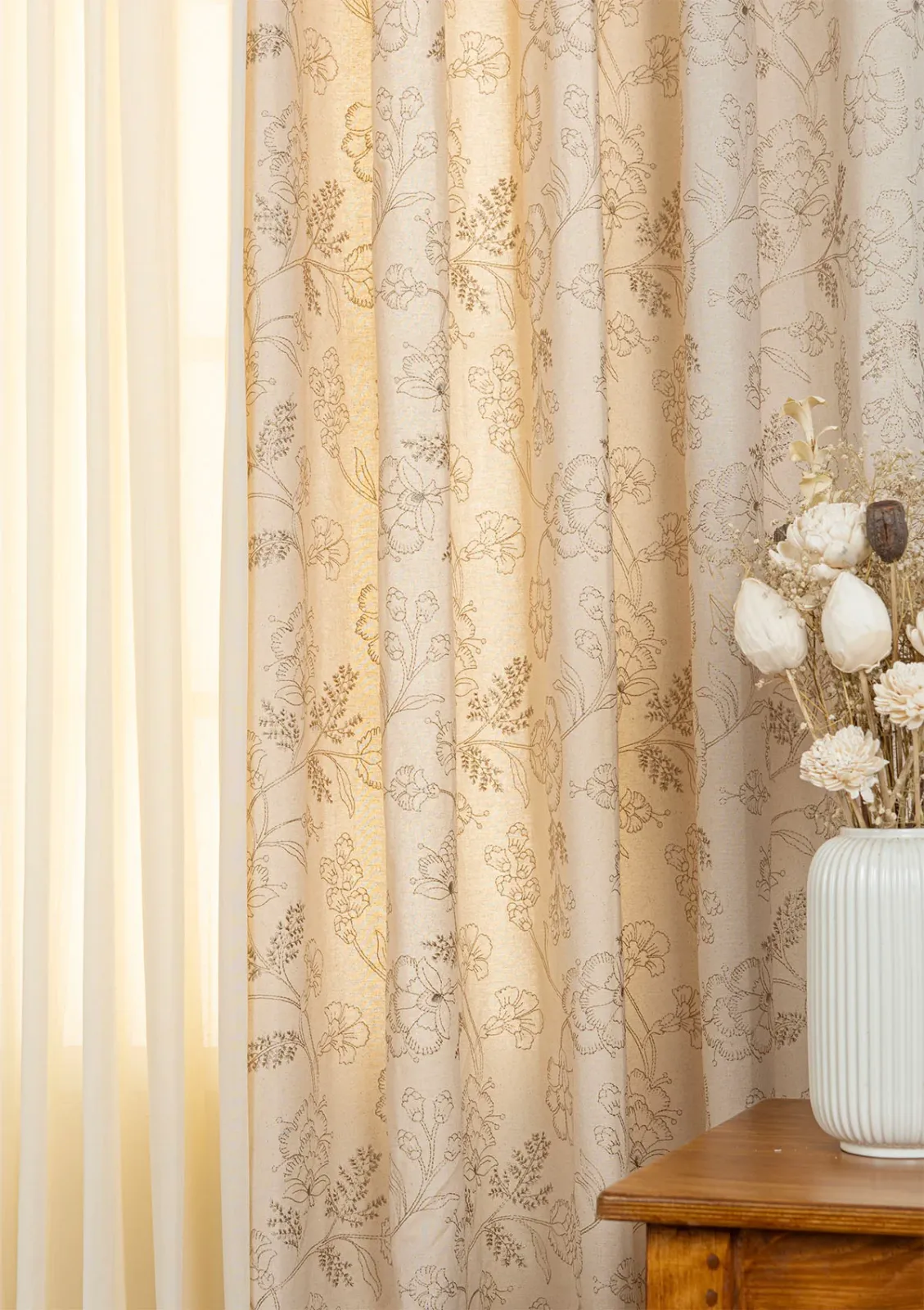 Mukta Embroidery Light Reduction Curtain & Solid Cream Sheer - 100% Cotton for Living Room & Bedroom - Pack of 4